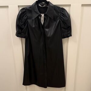Black Alice & Olivia vegan Leather Dress with Puff Sleeves